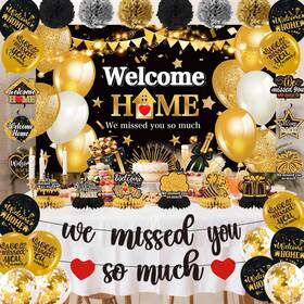 Jollyscape F4-huanyinghuijia Party Decorations Set Black Gold Banner Balloons Family Reunion Glitter