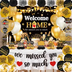 F4-huanyinghuijia Jollyscape Party Decorations Set Black Gold Banner Balloons Family Reunion Glitter