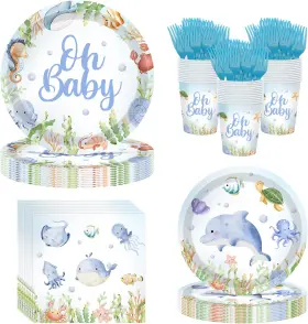 Fb295 Joyhapistar Under The Sea Baby Shower Paper Plates Set Serve 24 Guests Summer Ocean Animal