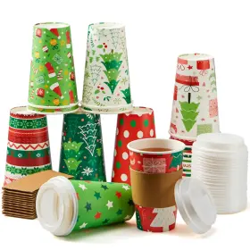 15761 Joyin 24 Pcs Merry Christmas Disposable Paper Cups With Sleeves And Lids