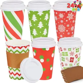 Joyin Inc 840165897684 24 Pcs 16 Oz Christmas Disposable Cups With Lids And Coffee Cup Sleeves Fo