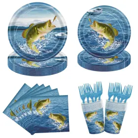 Jqsshxb 762949055762 120pcs Fishing Birthday Party Decorations Fish Paper Plates Napkins And Fork