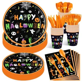 Jremreo 769326533561 175 Pcs Halloween Tableware Party Supplies Set - Serves 25 Spooky Happy Hall