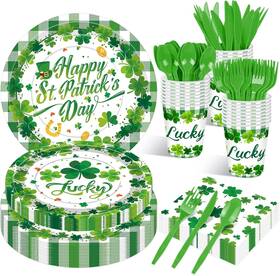 Jremreo 786731182153 175 Pcs St. Patricks Day Tableware Set - Serves 25 Green Lucky Shamrock And Pl