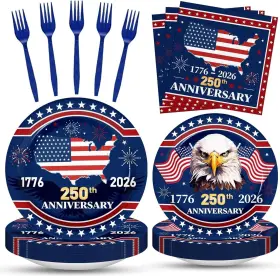 Jremreo 810207290179 100 Pcs 250th Anniversary Tableware - Serves 25 Red White Blue Disposable Party