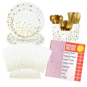 Jubi 850057009118 White And Gold Polkadot Tableware For 12 Guests- Plates With W