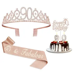 Juesly 768494349431 90th Birthday Decorations Women Including Crown/tiara Sash Cake Topper And