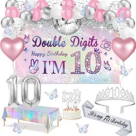 Juesly Bccrq-10s-xc 10th Birthday Decorations For Girls 49pcs Silver Dazzle Double Digits Banner