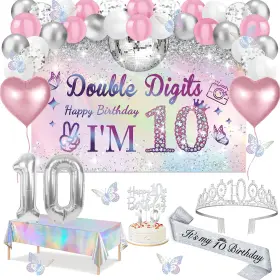 Bccrq-10s-xc Juesly 10th Birthday Decorations For Girls 49pcs Silver Dazzle Double Digits Banner