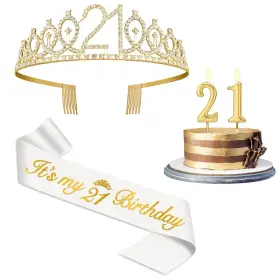 Cr-21jb-x Juesly 21st Birthday Gift Set For Her With Sash Gold Tiara Number 21 Candles