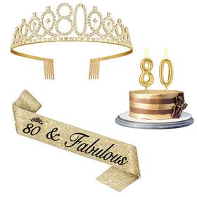 Juesly Cr-80j-x 80th Birthday Decorations For Women Gold With Sash And Tiara Number Can