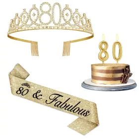 Cr-80j-x Juesly 80th Birthday Decorations For Women Gold With Sash And Tiara Number Can
