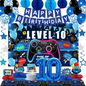 Pqyxl-10 Juesly Video Game 10th Birthday Decorations For Boys Blue Level 10 Party Decor Kits
