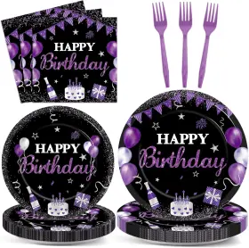 Justforjoyful 744110737349 96pcs Purple And Black Party Supplies - Paper Plates Napkins Dinnerware Set For