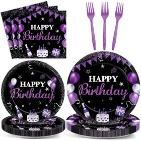 Justforjoyful Jj0112 96pcs Purple And Black Birthday Decorations Happy Party Supplies Tablew