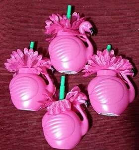 Justified & Magnificent Finds 195464466612 Lot Of 4 Pink Flamingo Drink Holders Tropical Luau Pool Party - Reusable