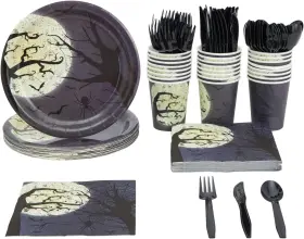 Juvale 313112662616 Blue Panda 144 Piece Halloween Dinnerware Set Full Moon Night Sky Par