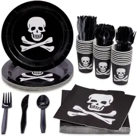 Lj-gdpls-111017-01-1 Juvale 144 Piece Skull Birthday Party Supplies - Serves 24 Disposable Pirate Pla
