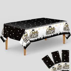 Katchon Ka-gr-tc-bwe-gradpk3 Black And Gold Graduation Tablecloth -108x54 Inch Pack Of 3 Congrats Grad Tab