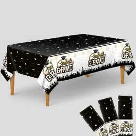 Ka-gr-tc-bwe-gradpk3 Katchon Black And Gold Graduation Tablecloth -108x54 Inch Pack Of 3 Congrats Grad Tab