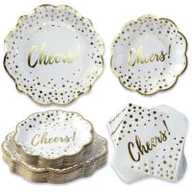 Kate Aspen 889293729160 72pc Gold Foil Cheers And Dots Tableware Set Party Kit 24pcs 7 Inch 9 Heavy
