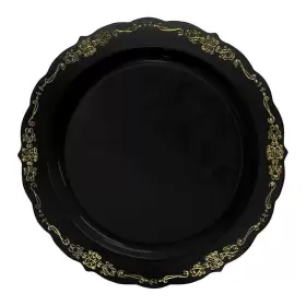 Kaya 810049100568 Elegant Black With Gold Vintage Rim Round Disposable Plastic Salad Plates - 7