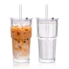 Kemorela 795490469139 2-pack 20 Oz Ribbed Glass Tumblers With Lids 20oz Straw Cup Clear