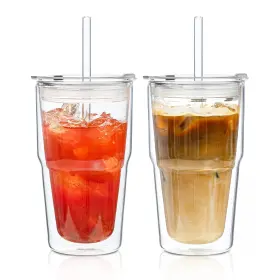 Kemorela 795490474300 2 Pack Double Wall Borosilicate Glass Tumblers With Lids Large 2pcs