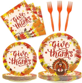 Cj-0005 Kepeel 96 Pcs Fall Thanksgiving Party Supplies Give Thanks Plates Leaves