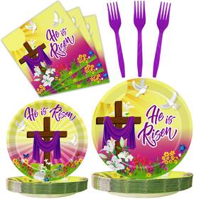 Kepeel Cj-0014 96 Pcs Easter He Is Risen Paper Plates Napkins Religious Inspi
