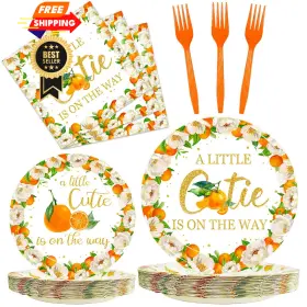 Cj-0028 Kepeel 96 Pcs Little Cutie Baby Shower Party Plates And 9 Inch Orange