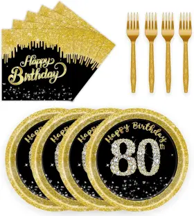 Yy72cp Kfjbpb 72 Pcs 80th Birthday Paper Plates And Napkins Party Supplies Back Gold Bir