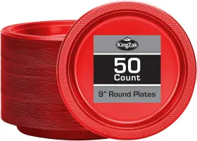 84090 King Zak Industries Inc. Hanna K. Signature Red Plastic Plates - 9 Inch 50 Count Solid Round Party Pla