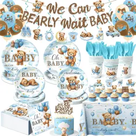 Bearly001 Kinovo 205 Pcs Blue Bear Baby Shower Decorations Boy - Serve 24 Party Supp