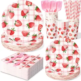 Ca-gf-plate-s-strawberry-28 Kinovo 144 Pcs Strawberry Plates And Napkins Tableware Set Cups Straws