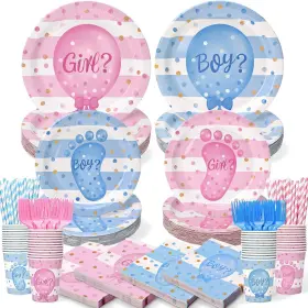 Reveal-09 Kinovo 300pcs Gender Reveal Plates And Cups Napkins Sets With Forks Straws