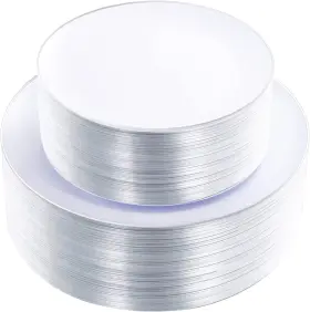Kire 691043090136 100pcs Silver Plastic Plates - Heavy Duty White Disposable With Rim