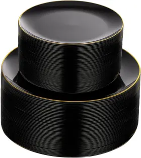 Kire 705353652745 100pcs Black And Gold Plates - Plastic Disposable With Ri