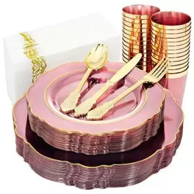 Kire 770651062206 210pcs Clear Pink Plastic Plates With Gold Rim& Disposable