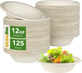 As247 Kitchendine 125 Pack 12 Oz Heavy Duty Paper Bowls 100% Compostable Brown