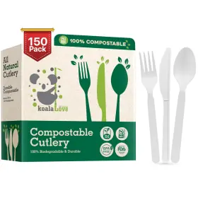 Koala Love 850041287492 100% Compostable Cutlery Knives Forks Spoons 150 Large Pearl White