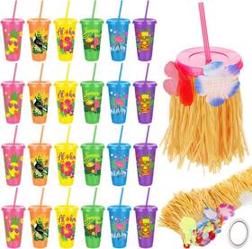 Kochorie 744759468185 24 Pieces Hawaiian Plastic Cups With Lids And Straws Oz Reusable Par