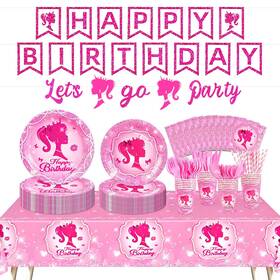 Kooterfun 703039043603 Hot Pink Birthday Party Decorations 195pcs Disposable Tableware Set Serves 24