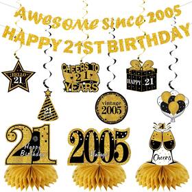 Kuxriox Dx-922 11pcs 21st Birthday Decorations Kit For Men Women Black Gold Happy Birt
