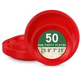 Lanlisa W32-slp 50 Pcs Red Plastic Plates For Party 25-9 Inch And 25-7 Disposable Cake Dessert Pl
