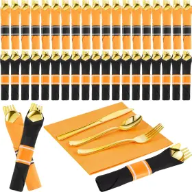 Su-vy67-mw50 Lasnten 50 Pcs Pre-rolled Halloween Plastic Silverware Set Gold Disposable Pl