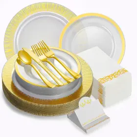 Sk121023 Laxore 200 Pieces Gold Plates Disposable Heavy Duty - Plastic And Napkins P