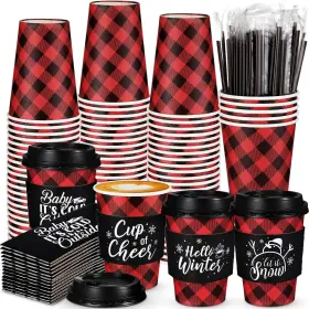 Layhit-auyhdn91398 Layhit 100 Pcs Christmas Buffalo Plaid Coffee Cups Paper Dispo