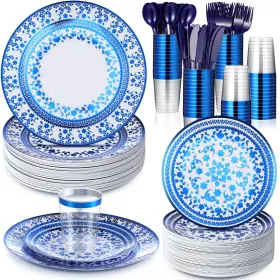 Shu-layhit-2883 Layhit 50 Sets Plastic Disposable Dinnerware Set Blue And White Floral Tableware