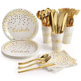 Layneria 758891829957 Gold Party Supplies Cutlery Set With Paper Plates Napkins Cups White - D